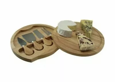 Cheese Serving Set Integrated Knife Compartment Round Wood Board Box NEW • £15.49