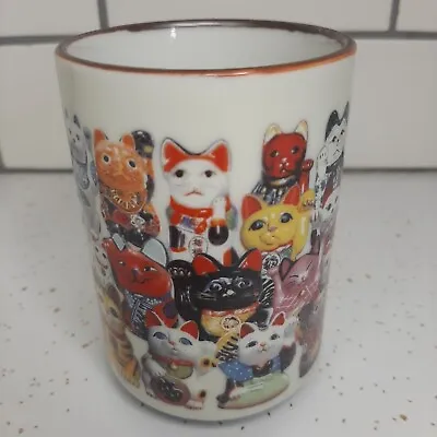 Maneki Neko Lucky Cats Ceramic Japanese Yunomi Tea Mug 8 Oz No Handle Cup • $39.99