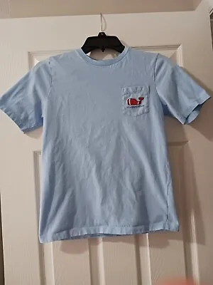 Vineyard Vines Girls 12-14 Medium Light Blue Football Whale Pocket T-Shirt EUC • $13