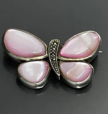 Vintage Sterling Silver 925 Marcasite Mother Of Pearl Butterfly Brooch Pin 1.25” • $75