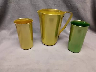 Vintage 2 Sunburst Tumblers With Aluminum Pitcher Mid-century-J • $15.99