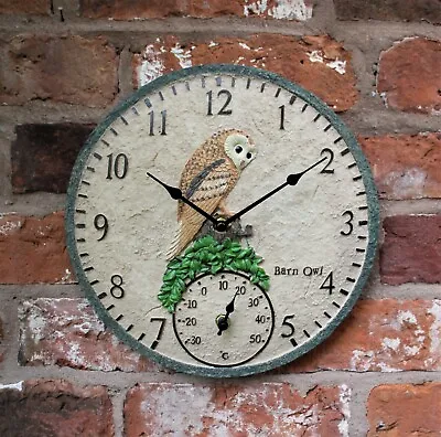 Garden Wall Station Thermometer Clock Outdoor Indoor 12 Inch Bird Owl Design • £17.95