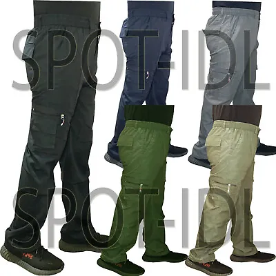 Mens Elasticated Cotton Cargo Combat Work Pants Bottoms Lightweight Trousers • £12.99