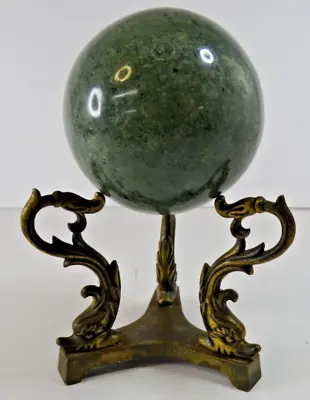 Vintage Polished Green Granite Marble Sphere Ball 3  On Brass Three Leg Stand • $30.98