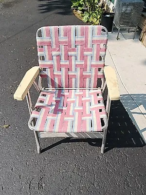 Vintage Aluminum Folding Lawn Chair W/Woven Straps Pink Blue White • $16