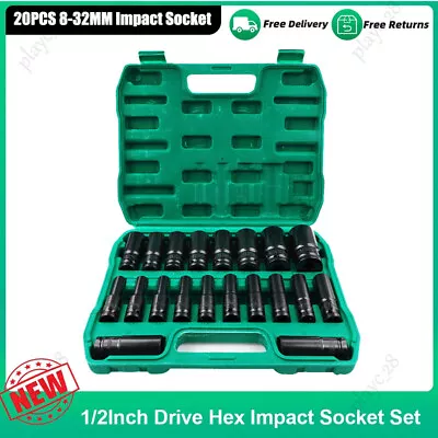 20pcs 1/2  Drive Deep Impact Socket Set CR-V Steel Metric Drive Long 8-32MM Tool • $32.99