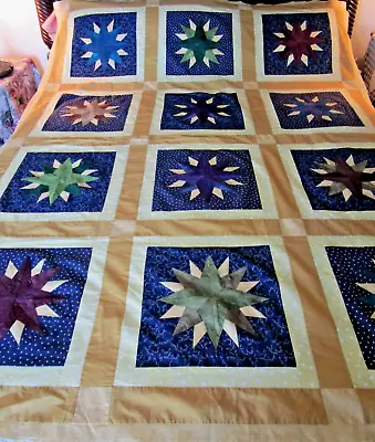 Handmade MARINER'S COMPASS QUILT TOP 74x58 ~ 16 Points ~ Navy/gold/choc/purple • $70