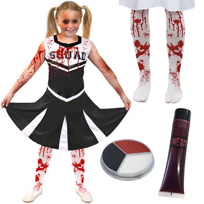 Girls Zombie Cheerleader Black Halloween Fancy Dress Costume Kids Death • £11.99