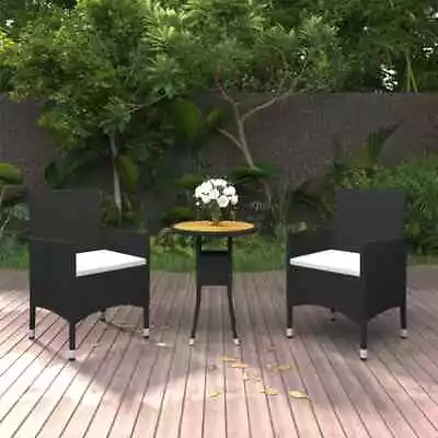 3 Piece Garden Bistro Set Poly Rattan And Solid Wood Black • £156.99