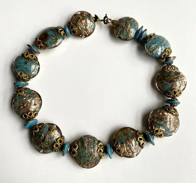 Antique Art Deco Venetian Glass Necklace. Large Round Flat Blue Gold Beads. • £30
