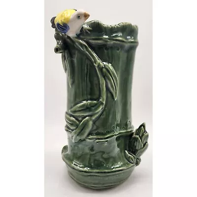 Vintage Signed Green Majolica Bamboo Branch With Yellow Bird Ceramic Vase NWOT • $64.99