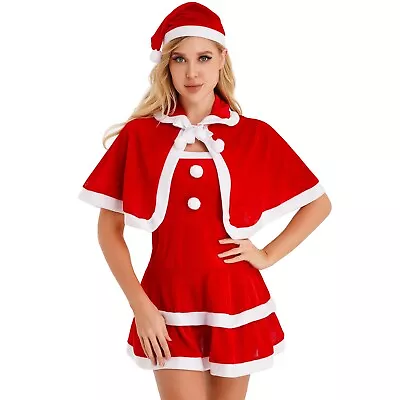 Women Dress Set Christmas Mrs Santa Claus Costume Outfit Santa Hat Cloak Ruffled • $20.89