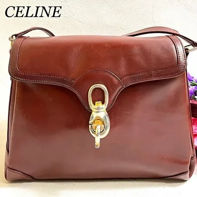 Vintage Old Celine Bordeaux Leather Shoulder Bag Crossbody Gold Metal Fittings • $218