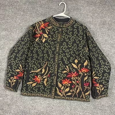 Icelandic Design Sweate Womens M Black Floral Lined Wool Blend Cardigan Jacket • $28.94