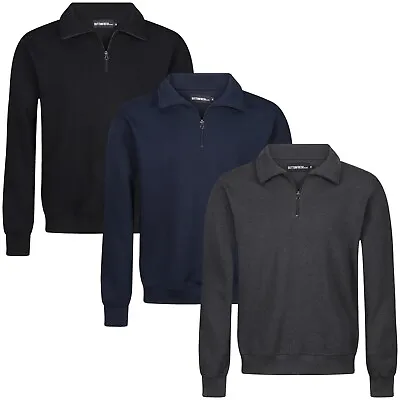 New Mens Quarter Zip Sweatshirt Jumper Sweater Long Sleeve Funnel Neck Plain Top • £11.99