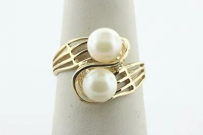 14K Yellow Gold Line Detail Double Akoya Pearl Swirl Ring - Size 7  • $495