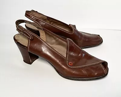 1940's VTG Red Cross US Shoe Corp Open-Toe Heels Red Brown Button Sling-Back 7 • $128.38