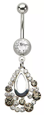 Belly Ring Vintage Inspired Teardrop W/Clear/Black Gems Dangle Naval Steel Body  • $8.99