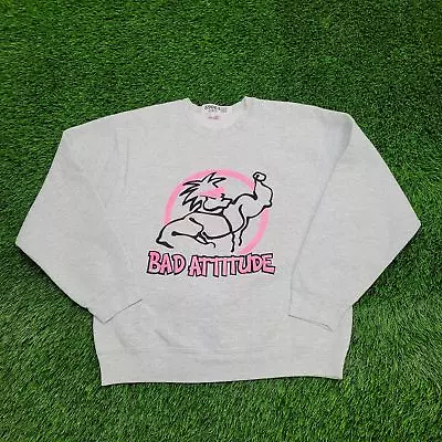 Vintage Bad Attitude Bodybuilder Gym Sweatshirt M-Short 21x24 Gray Pink Spellout • $62.85