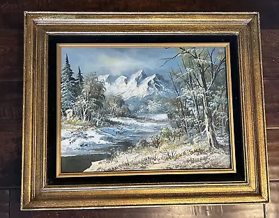 Antique Oil Painting Snow Storm Winter Scene Mountains Trees Signed Original • $89.99
