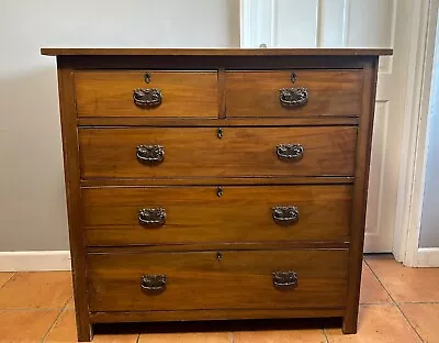 Antique Edwardian Satin Walnut 5 Drawer Chest Of Drawers 2 Over 3 • £300