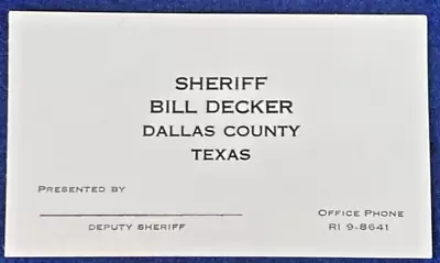 JFK Assassination Sheriff Bill Decker Dallas Business Card Kennedy Vintage 1960s • $70.10