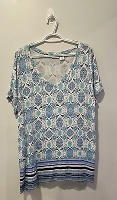 Sigrid Olsen 100% Linen T-Shirt. White & Blue Print V-Neck Women's 2X • $19.99