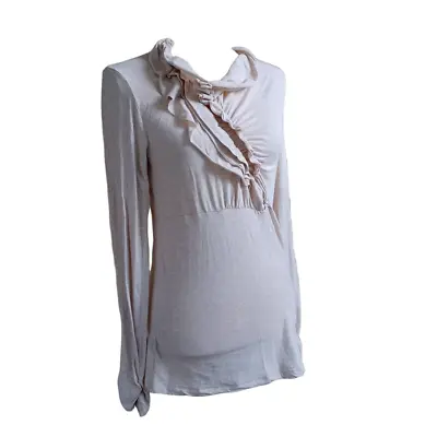 CAbi Long Sleeve Shirt Oatmeal S #238 Top Nonchalant Chiffon Neck Ruffle • $13