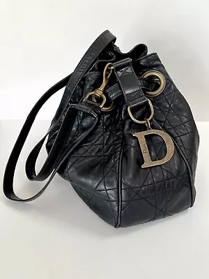 Authentic Christian Dior Vintage Cannage Drawstring BL Leather Bag • $395