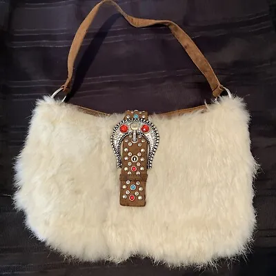 Leather Handbag Ivory Rabbit Hair Jeweled Horse Shoe Buckle Western Shoulder Bag • $16.99