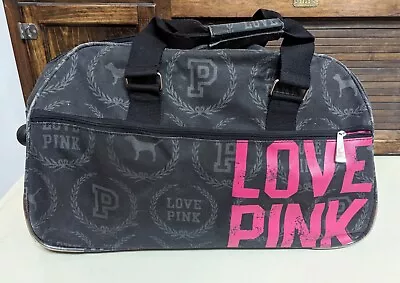 Victoria’s Secret Pink Rolling Duffle Bag Luggage Black Pink Canvas Dog Logo EUC • $109.99