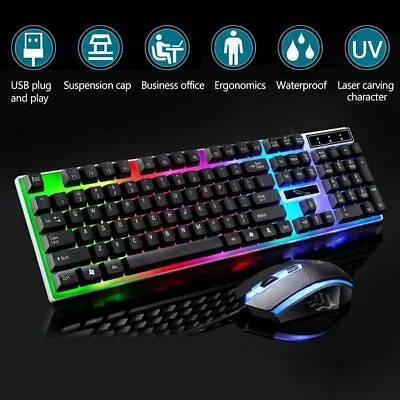 Gaming Keyboard Mouse Set Pad Rainbow LED Wired USB For PC Laptop PS4 Xbox One • £8.99