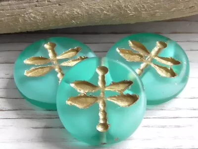 3 - 18mm CZECH TURQUOISE BLUE GREEN WHITE CORE METALLIC GOLD DRAGONFLY COIN BEAD • $3.60