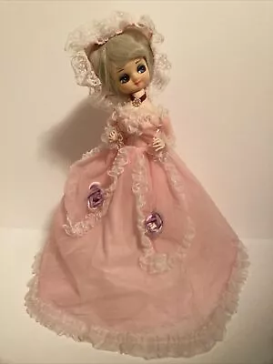 70s Vintage Big Eyes Bradley Doll Victorian Style Pink Floral Ruffle Dress Korea • $18.99