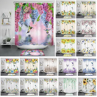 Watercolour Wildflower Hummingbird Shower Curtain Bathroom Accessories Set • $10.99