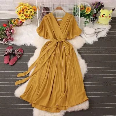 Short Sleeve Women Dress Casual Lace Up Pleated Chiffon Summer Solid V Neck Wear • $41.64