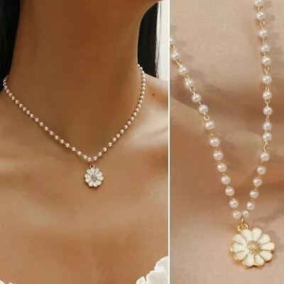 Daisy Flower Pendant Pearl Necklace Choker Chain Women Wedding Fashion Jewelry  • £2.95