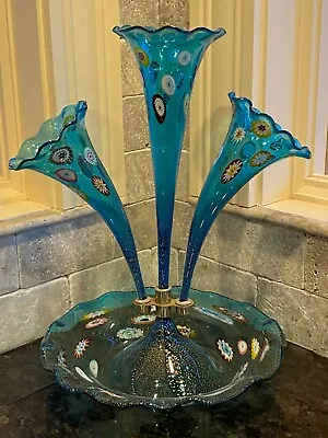 Vintage Murano Epergne Glass 3 Horn Multi Colored Hand Blown Millefiori Italy • $999