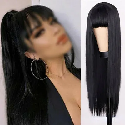 Women Black 70cm Long Straight Full Wigs Heat Resistant Synthetic Hair Wigs • £8.89