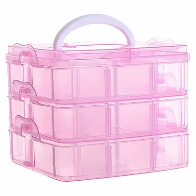 Stackable 3 Tier Pink Plastic Craft Storage Box With 18 Adjustable Compartments • £8.99