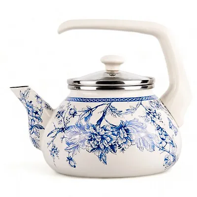 BLUE BIRD ENAMEL KETTLE Stovetop Tea Pot Vintage Antique Tea Kettle 2.3 QT • $47.95