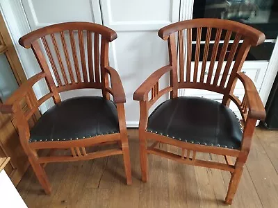 Pair Of Raft Handmade Teak Wood Carver Chairs With Leather Upholstered Seats New • £350