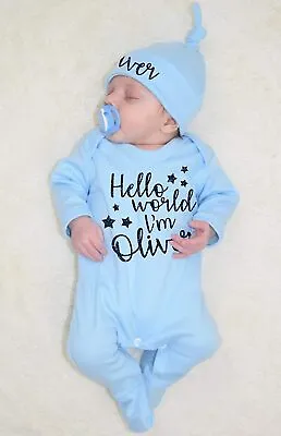 £15 • Buy Personalised Hello World Baby Grow Hat Hospital Outfit VARIOUS COLOURS Girl Boy