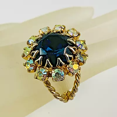 Vintage Blue Rhinestone Aurora Borealis Accents Gold Tone Ring Adjustable • $19.99