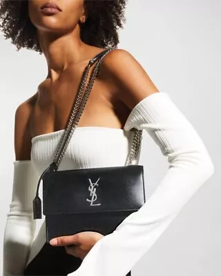 YSL Saint Laurent SUNSET Medium Bag Black Smooth Leather D420W Silver Hardware • $2199