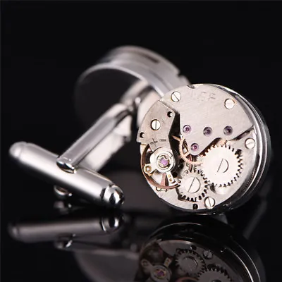 Vintage Mens Cufflinks Watch Movement Cuff Links Wedding Silver Steampu  ZD • £10.52