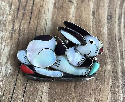 Bunny Rabbit Vintage Pin Broach Raised Inlay Turquoise Coral Jet Mother Of Pearl • $120