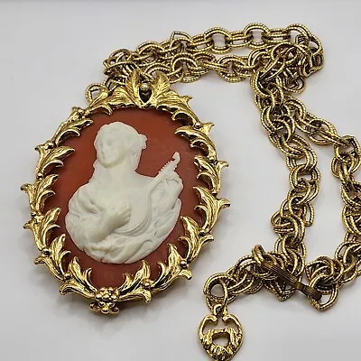 Vintage Simulated  Cameo MASSIVE Necklace Angel Gold Tone WOW • $44.80
