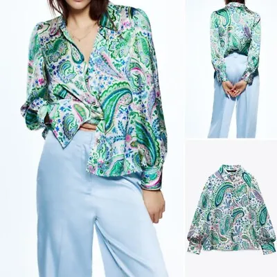 Zara Top Women Extra Small Green Paisley Print Button Down Blouse Relax Blogger • $25.99