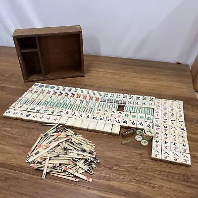 Antique Mahjong Set Bamboo & Bone Game Tiles In Wood Case Sticks Dice Coins See • $199.96